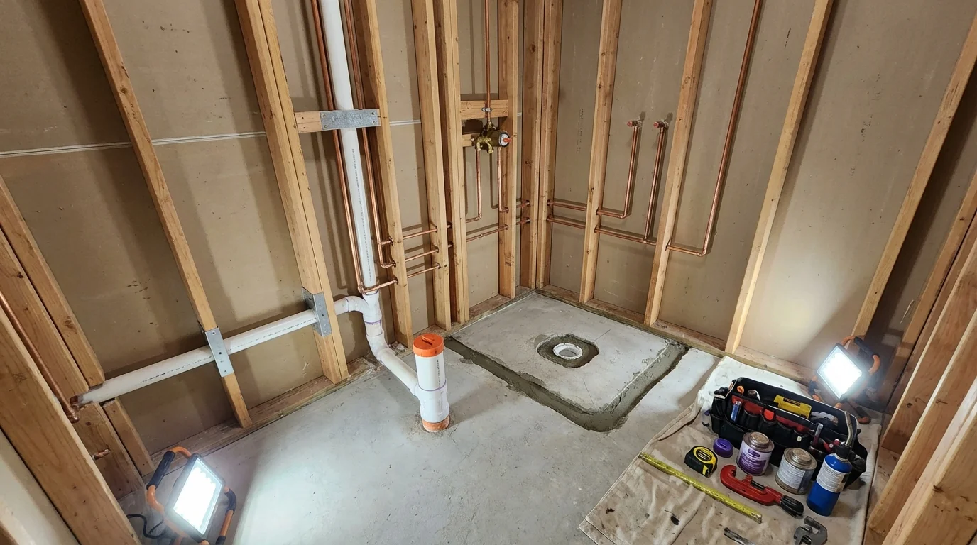 Bathroom rough-in plumbing during remodel by Johns Plumbing LLC in Crete