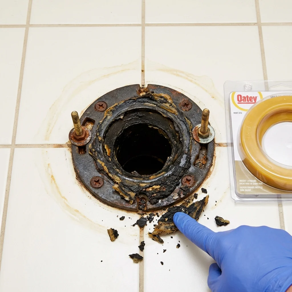 Failed wax ring showing water seepage at the base of a toilet in a Crete, NE home