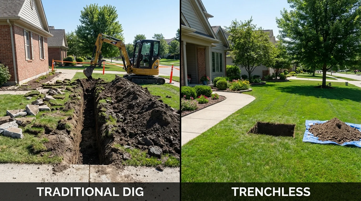 Trenchless sewer repair with minimal yard damage versus traditional excavation in Crete, NE