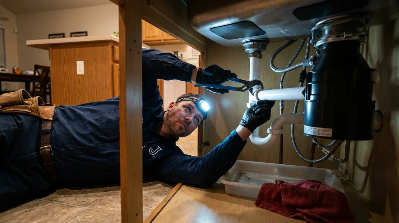 P-trap and supply line connections under a kitchen sink showing a common leak point in Crete, NE